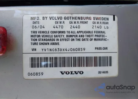 2004 Volvo C70 Lt z USA, uszkodzony, nr VIN YV1NC63DX4J060859